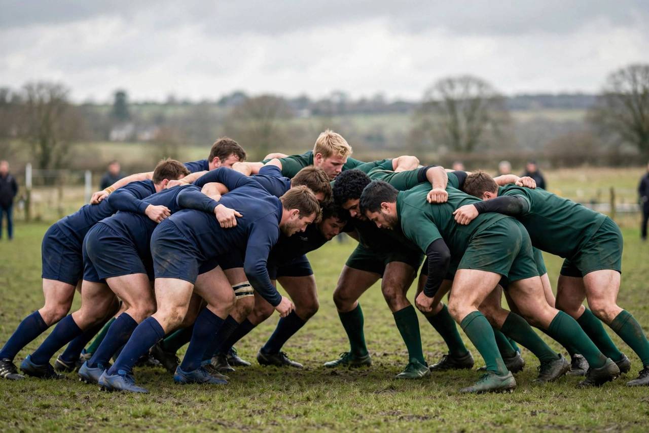 Rugby players in a scrum during a match
