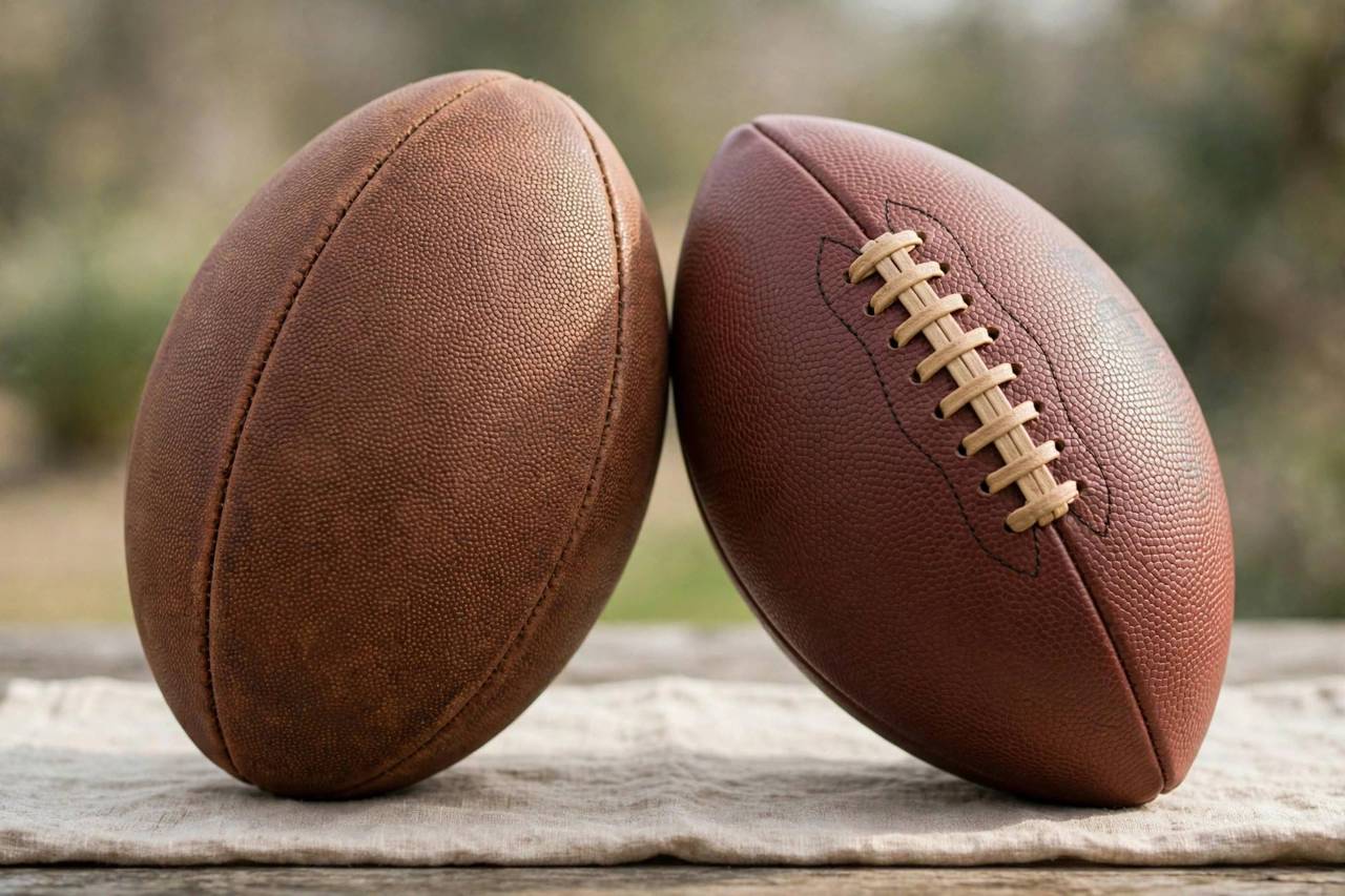 Side-by-side comparison of rugby ball and American football