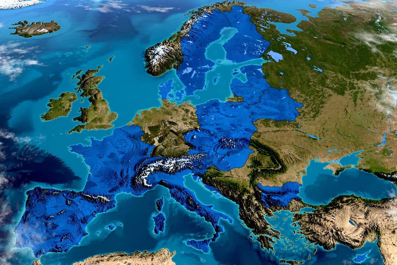 Map of Europe illustration highlighting EU member countries in blue tones