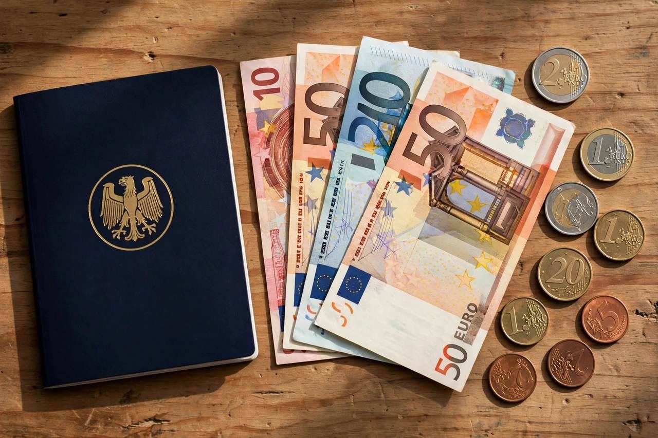 Euro banknotes and coins arranged on a table beside a passport