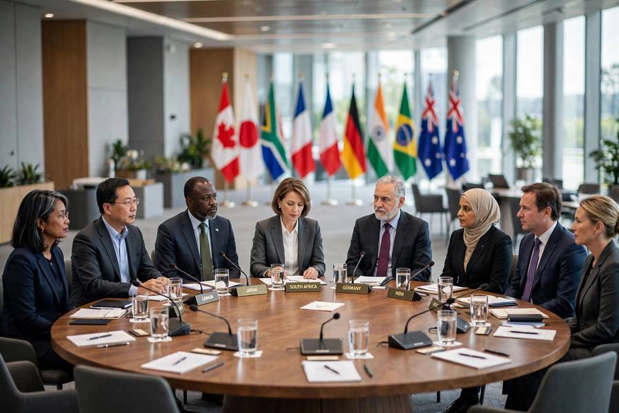 Leaders seated around a large round table at an international summit with national flags behind them
