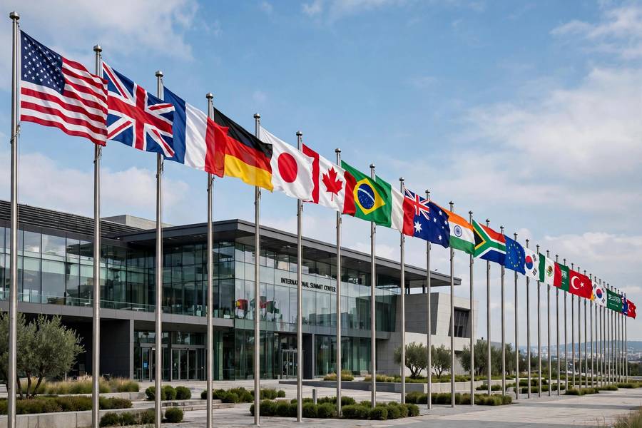 Row of national flags of G20 member countries waving in front of a modern summit venue