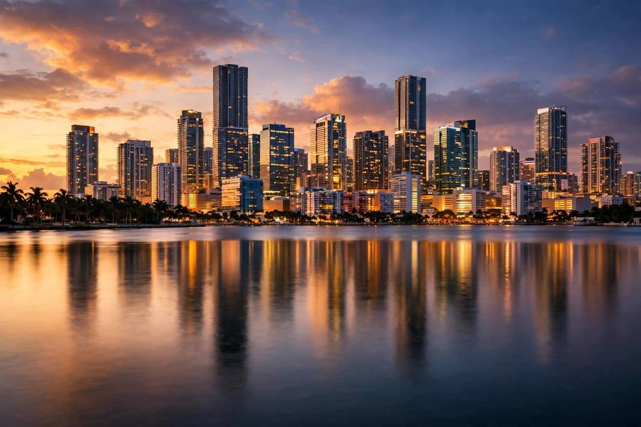 Miami skyline at dusk with modern skyscrapers, host city of the 2026 G20 summit