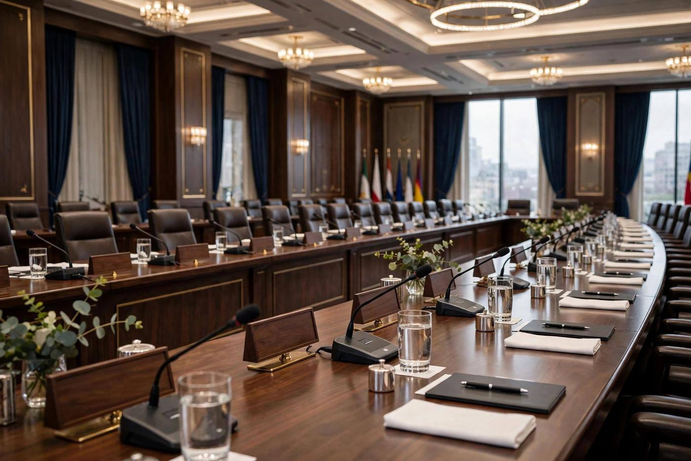 Conference table set for world leaders with name placards and microphones in a summit meeting hall