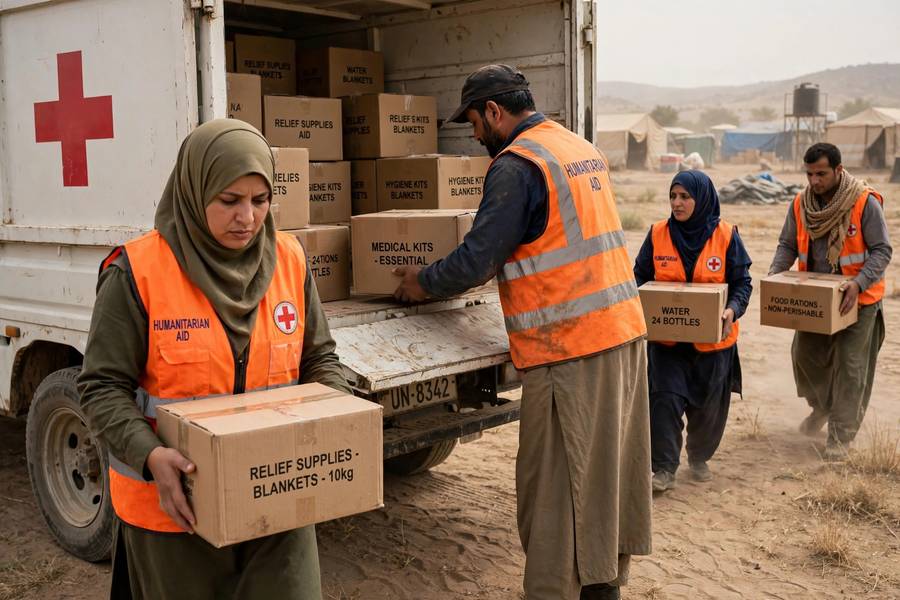 Humanitarian aid workers in protective vests distributing relief supplies from a truck marked with the Red Cross emblem