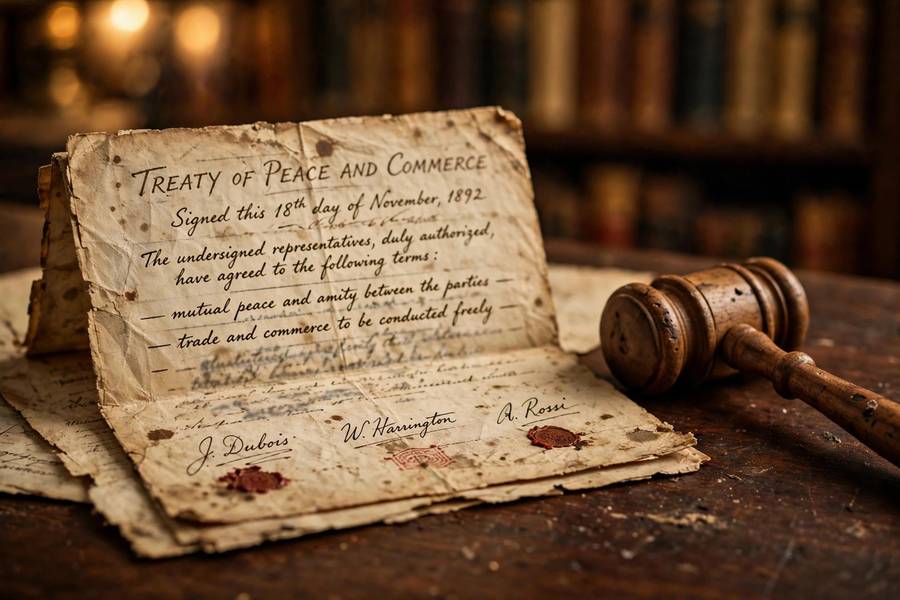 Close-up of treaty documents and a gavel on a wooden table symbolizing international humanitarian law