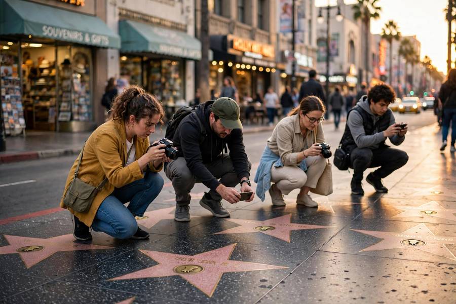 Tourists photographing stars on the Hollywood Walk of Fame at sunset