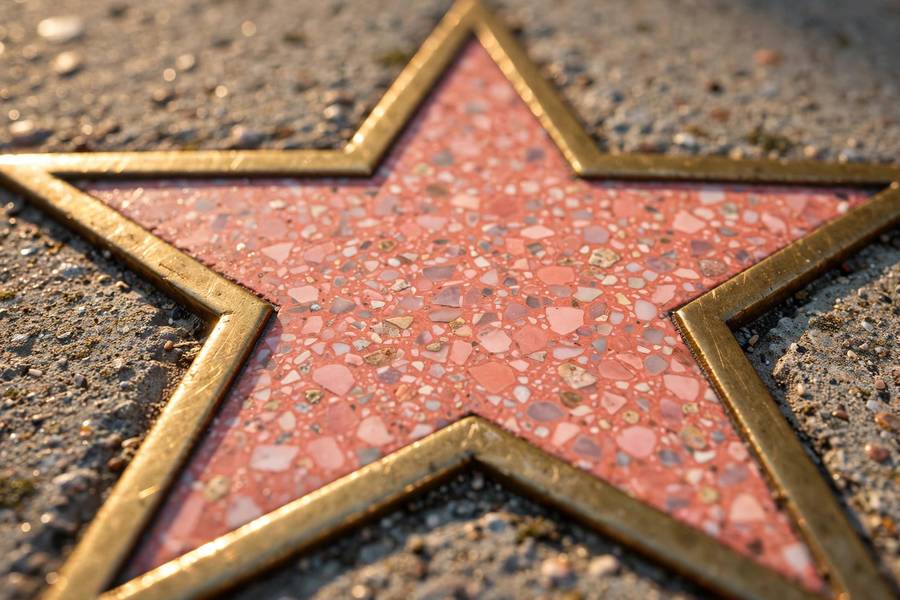 Close-up of a terrazzo and brass Walk of Fame star on Hollywood Boulevard
