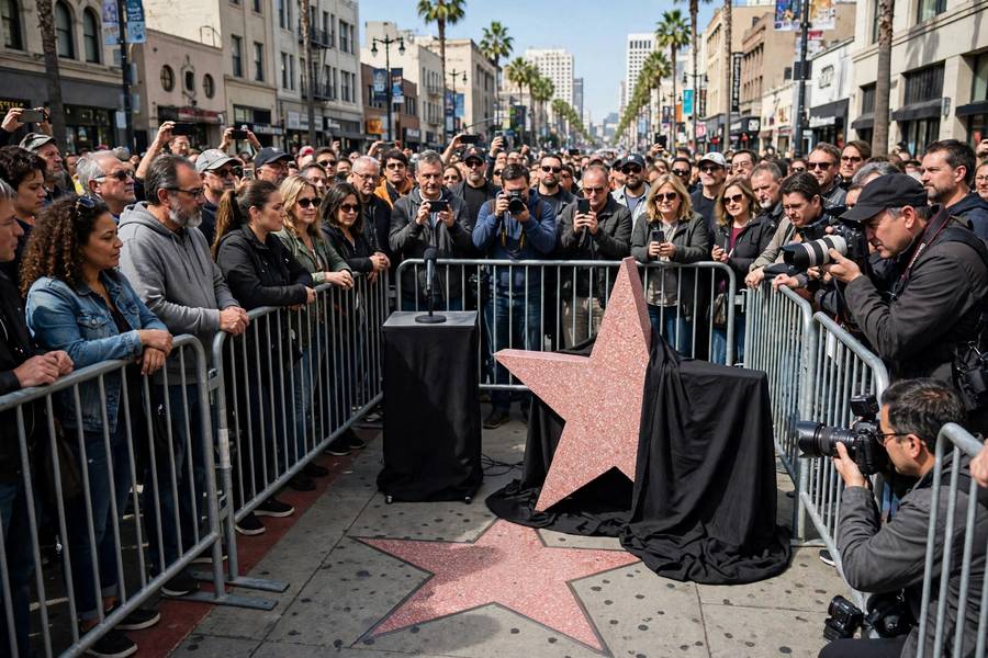 Crowd gathered at a Walk of Fame star unveiling ceremony