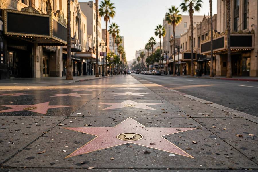 Hollywood Boulevard with Walk of Fame stars stretching into the distance