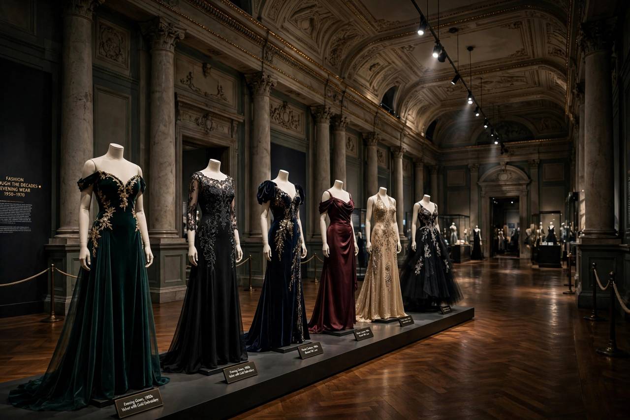 Museum exhibition hall with fashion mannequins in evening gowns under dramatic lighting