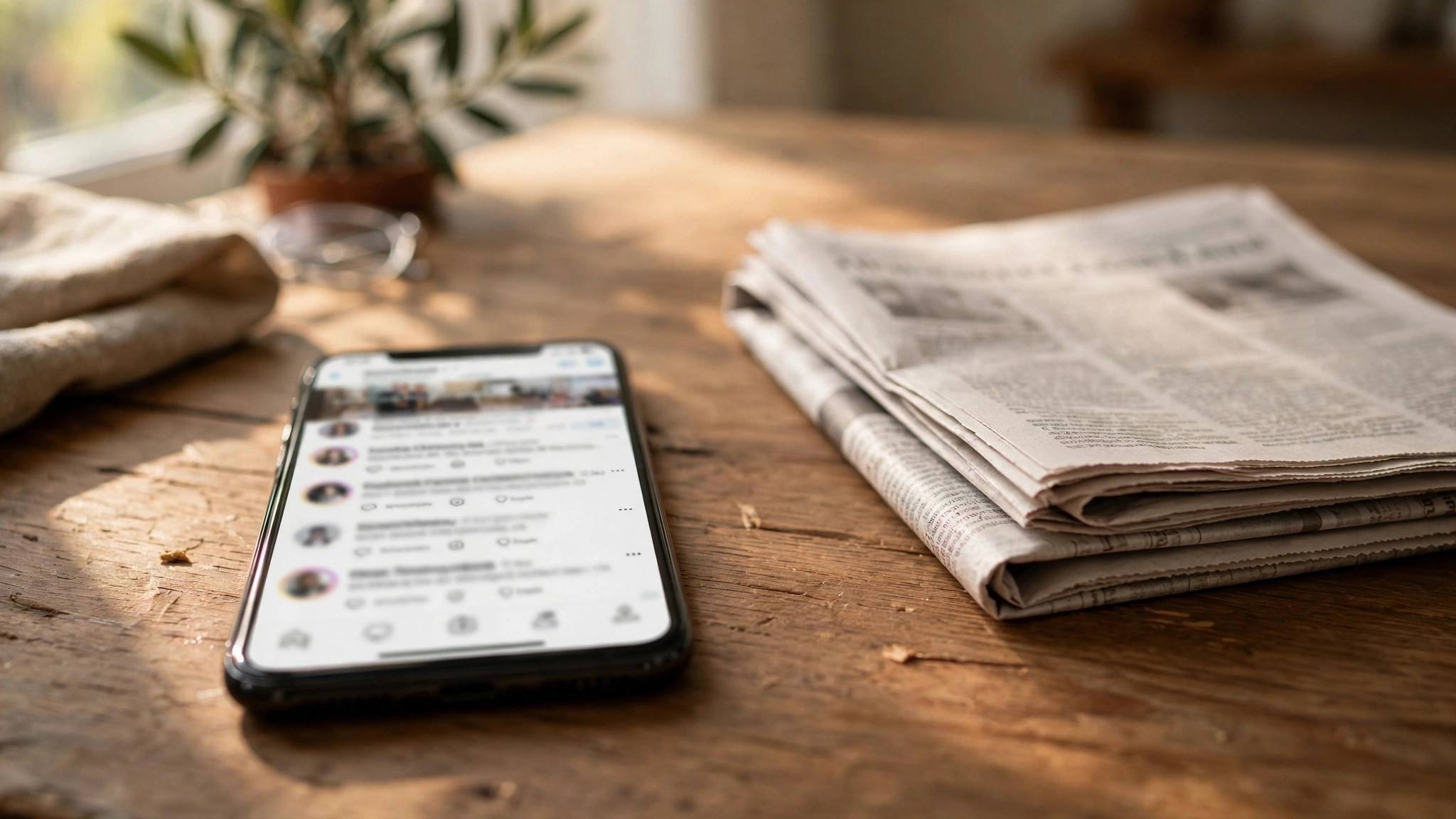 Smartphone showing a social media news feed with headlines next to a folded newspaper on a desk