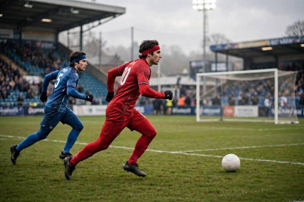 Soccer striker sprinting toward goal with defender chasing, stadium atmosphere