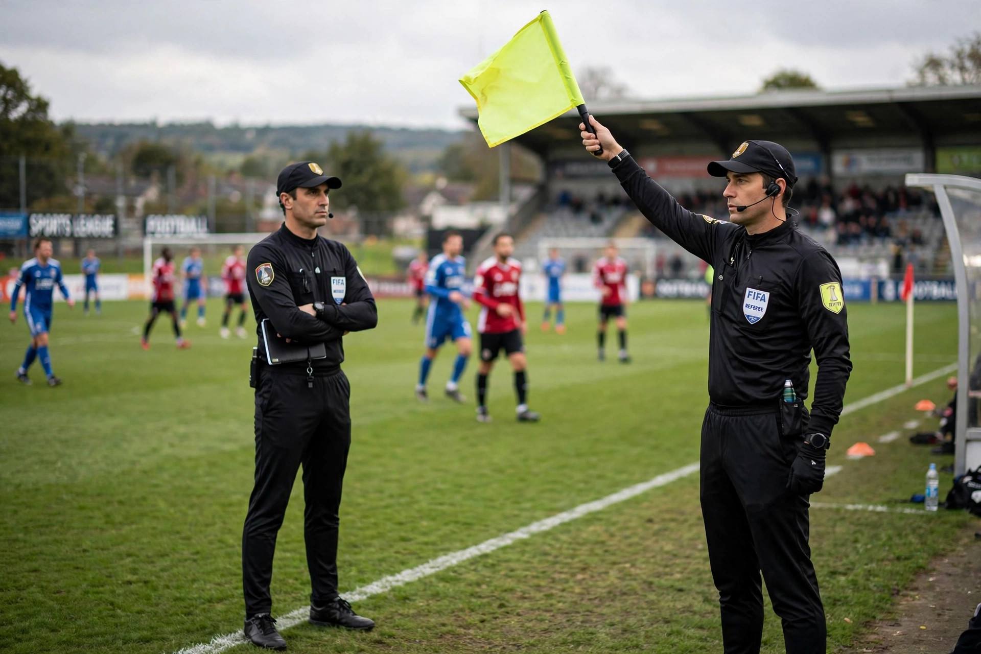 Assistant referee raising offside flag on the sideline during a soccer match