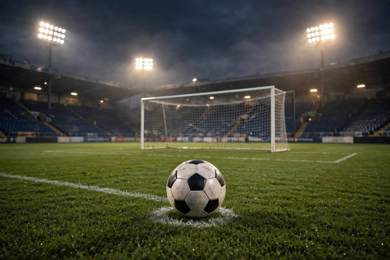 Soccer ball on penalty spot with goal net in background, dramatic stadium light