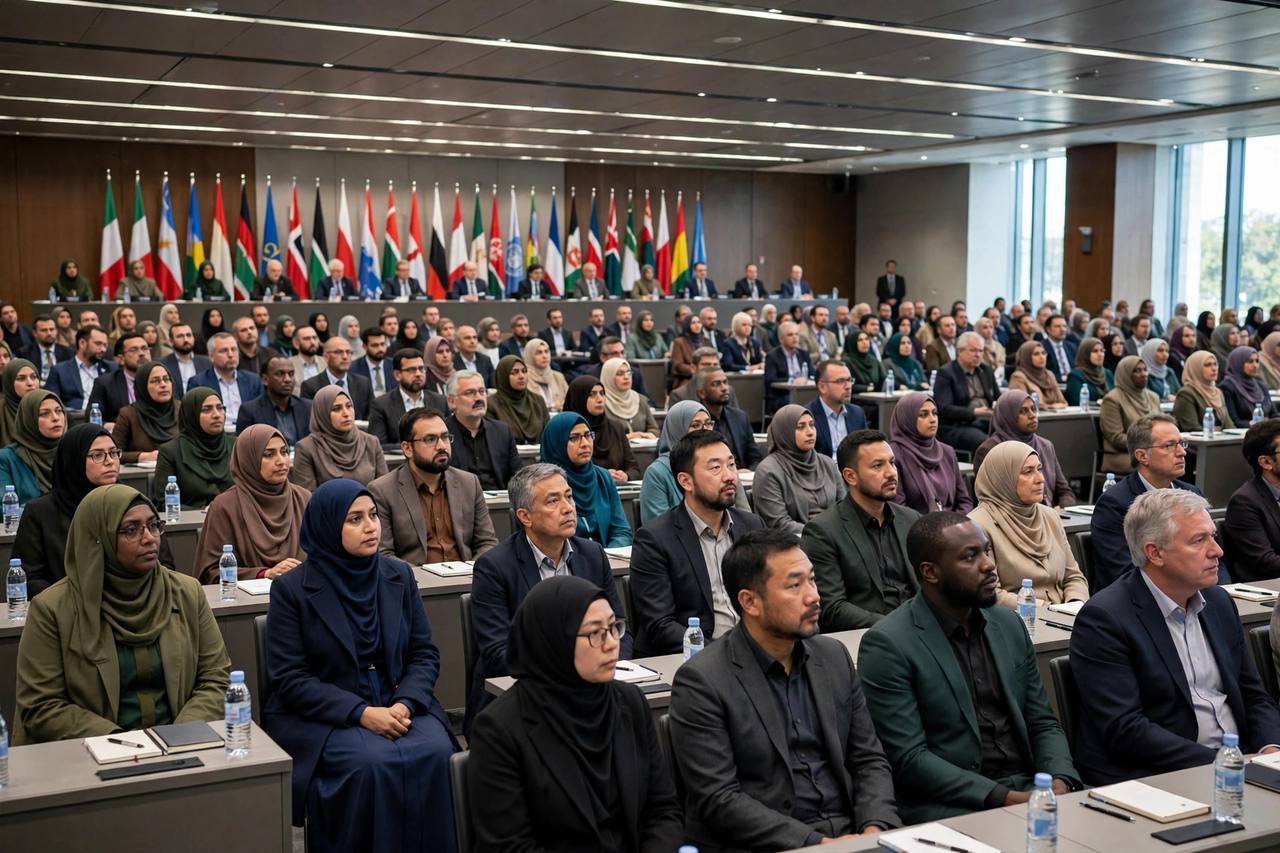 Delegates from many countries seated in a large conference hall during a UN climate summit plenary session