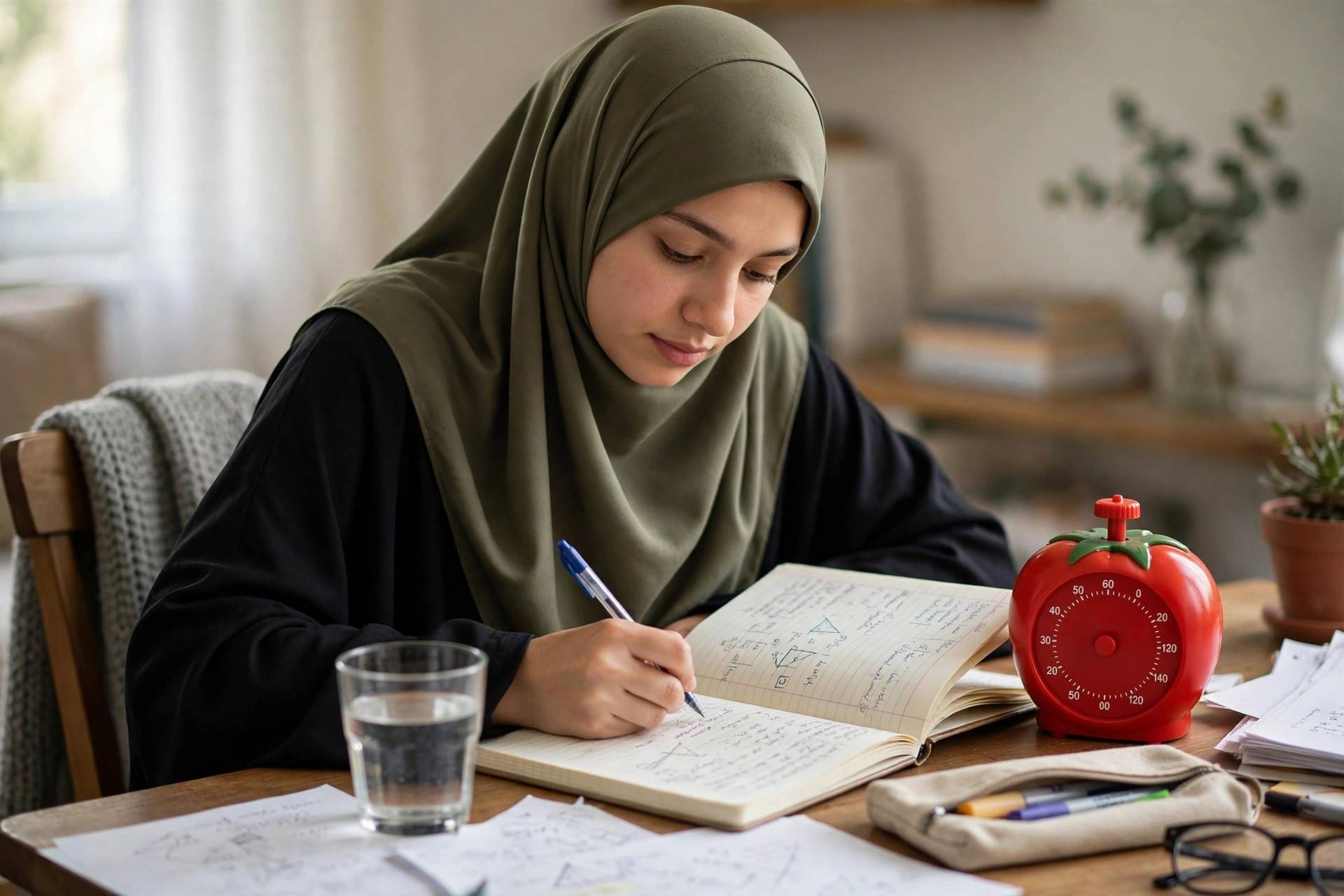 Student studying with notebook and tomato-shaped kitchen timer on desk