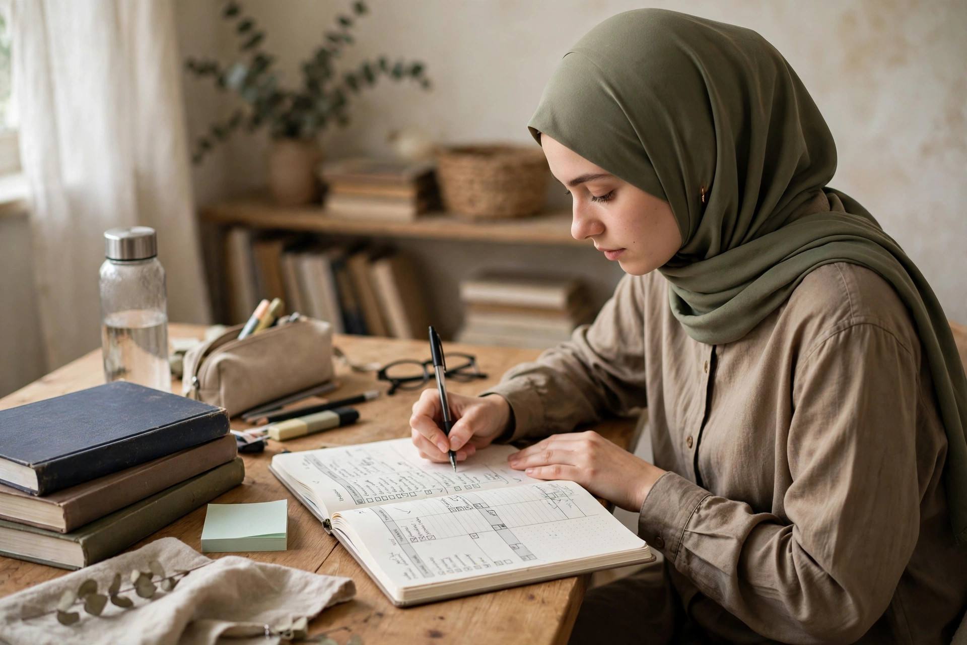 Student writing in a planner with study schedule and textbooks nearby