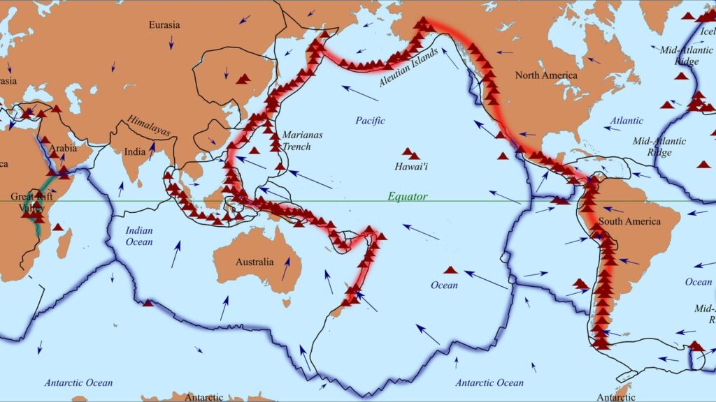 World map showing the Ring of Fire as a chain of volcanoes around the Pacific Ocean, with tectonic plate boundaries