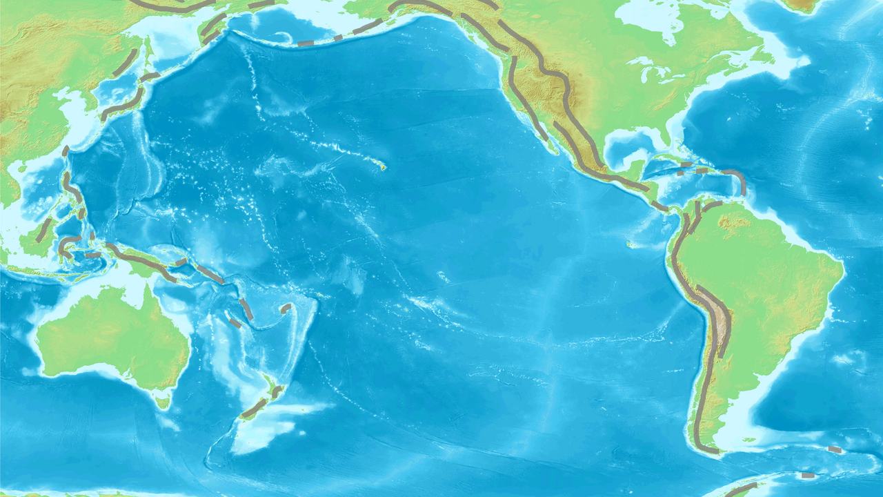 Relief map of the Pacific Ocean showing the Ring of Fire's volcanic arcs and deep ocean trenches around its rim
