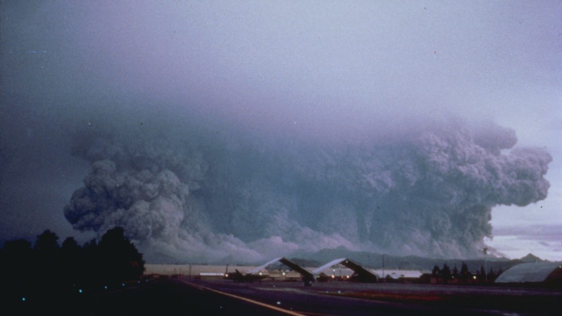 The massive ash cloud of Mount Pinatubo's eruption spreading over Clark Air Base in the Philippines, June 1991
