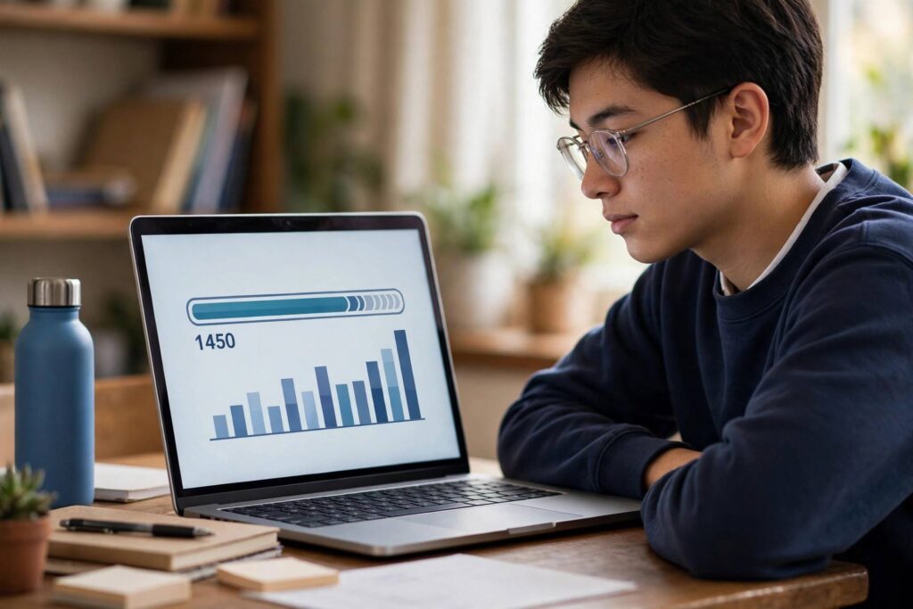 Student checking SAT score of 1450 out of 1600 on a laptop screen