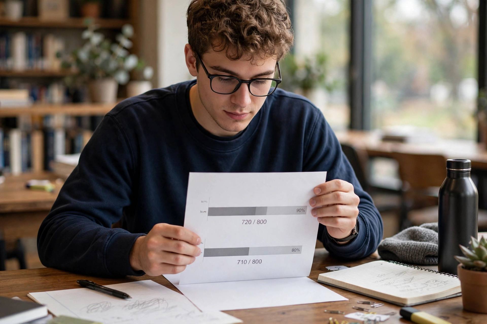 Student reviewing SAT practice test score report showing section scores out of 800 each