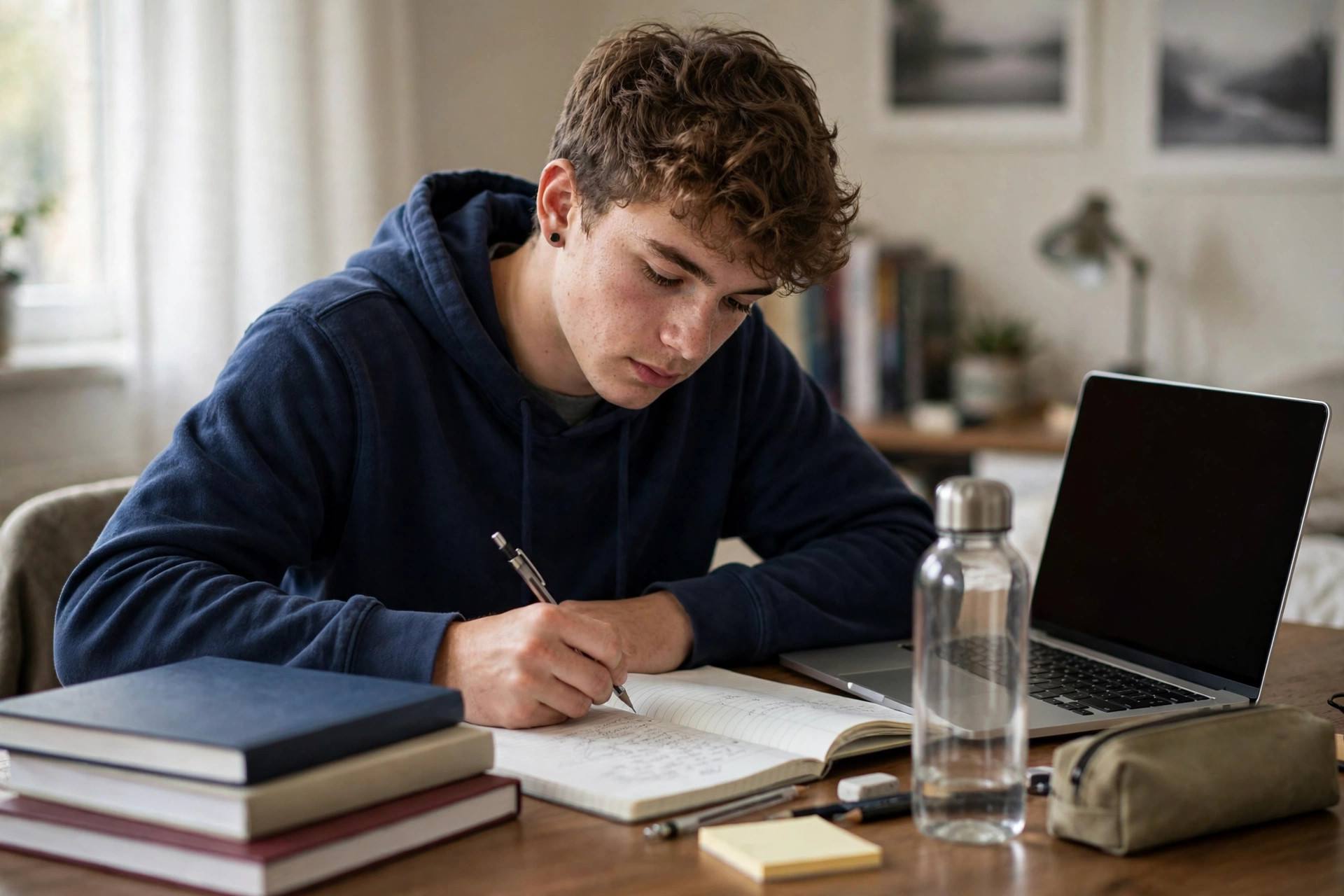 High school student studying for the SAT at a desk with prep books and a laptop