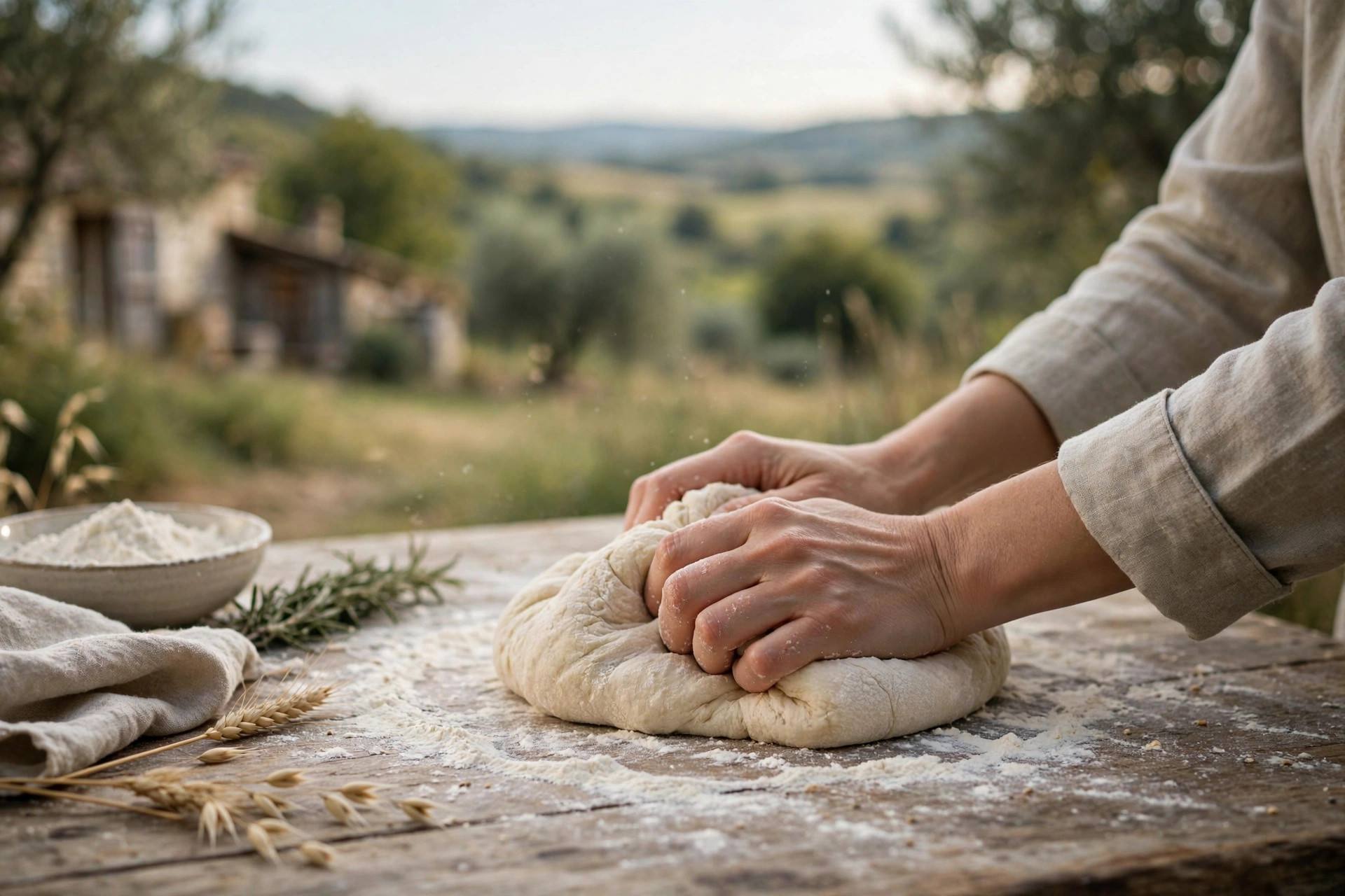 Hands kneading bread dough on a floured wooden table