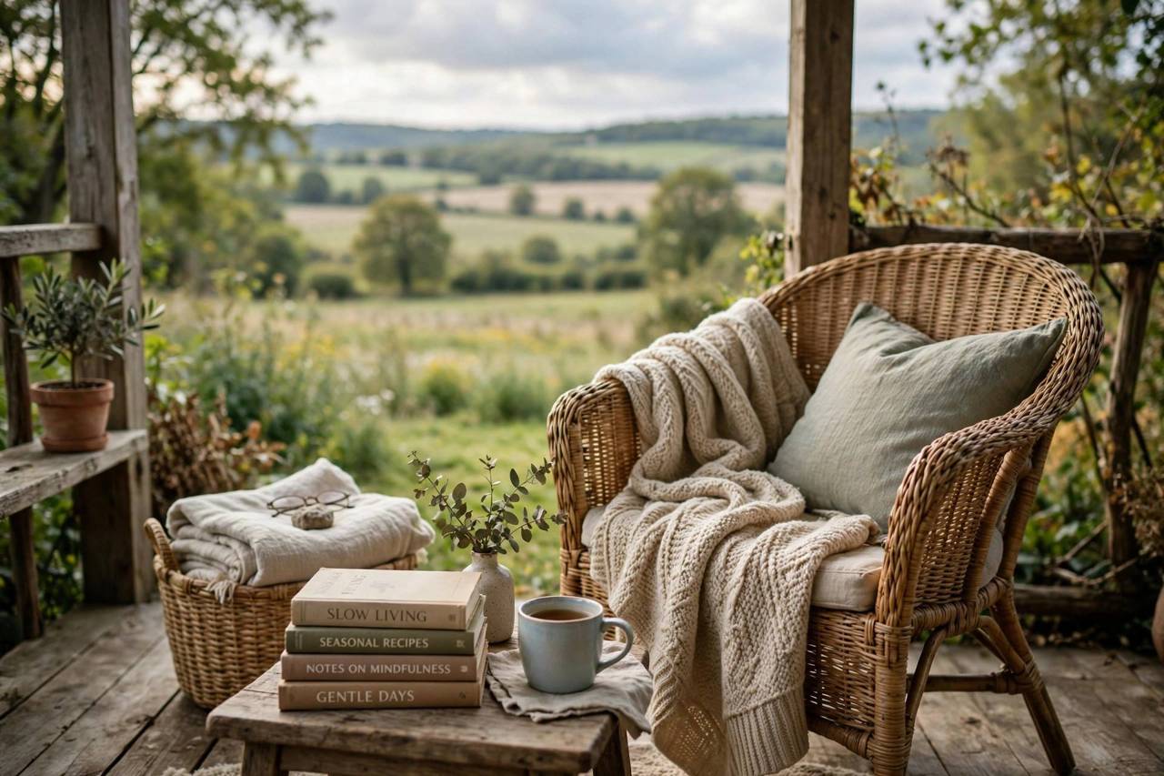 Cozy reading nook with a chair, blanket and stack of books in soft daylight