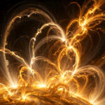 Vivid photorealistic close-up of the Sun's turbulent corona with bright plasma arcs and erupting filaments radiating into dark space, no people