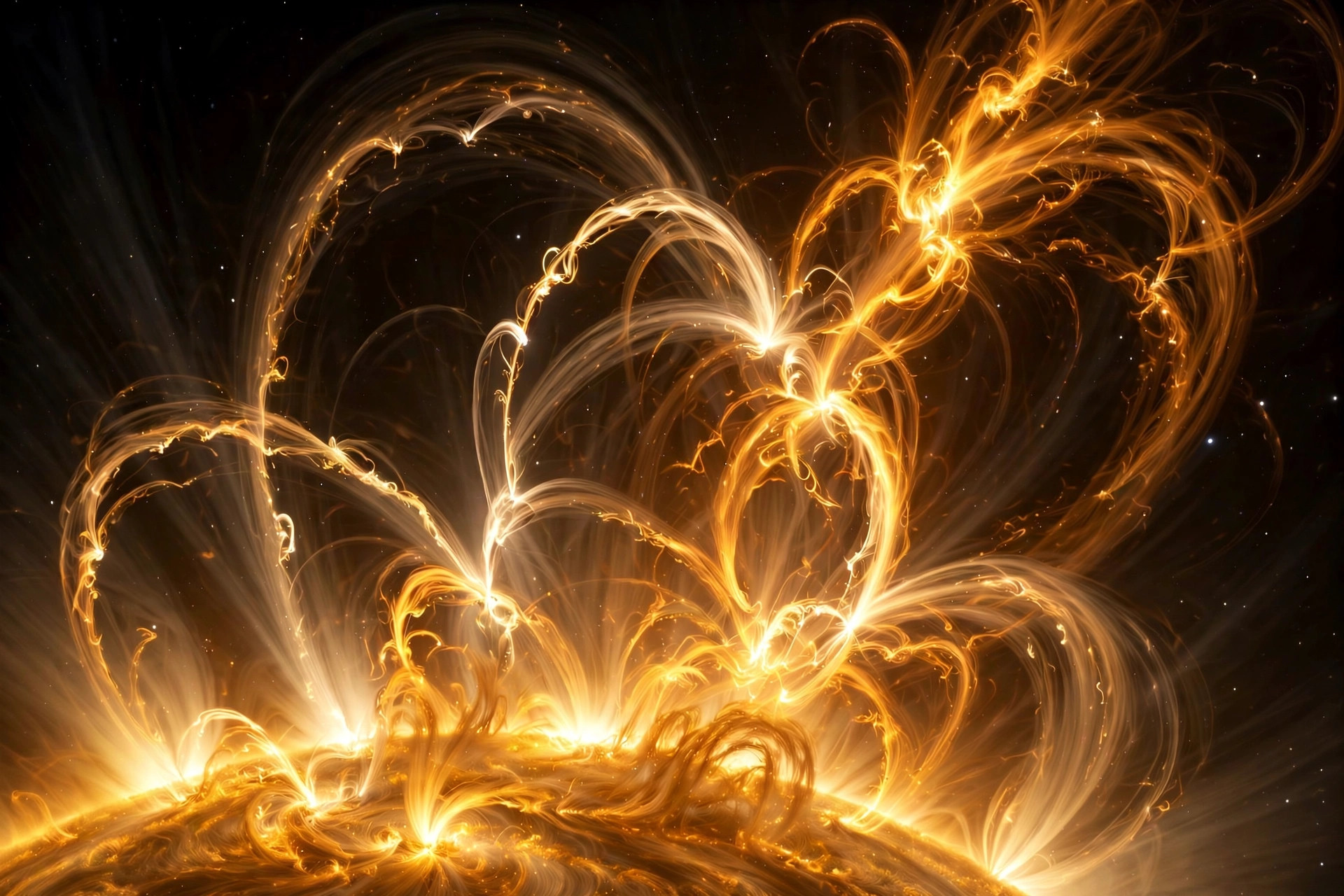 Vivid photorealistic close-up of the Sun's turbulent corona with bright plasma arcs and erupting filaments radiating into dark space, no people