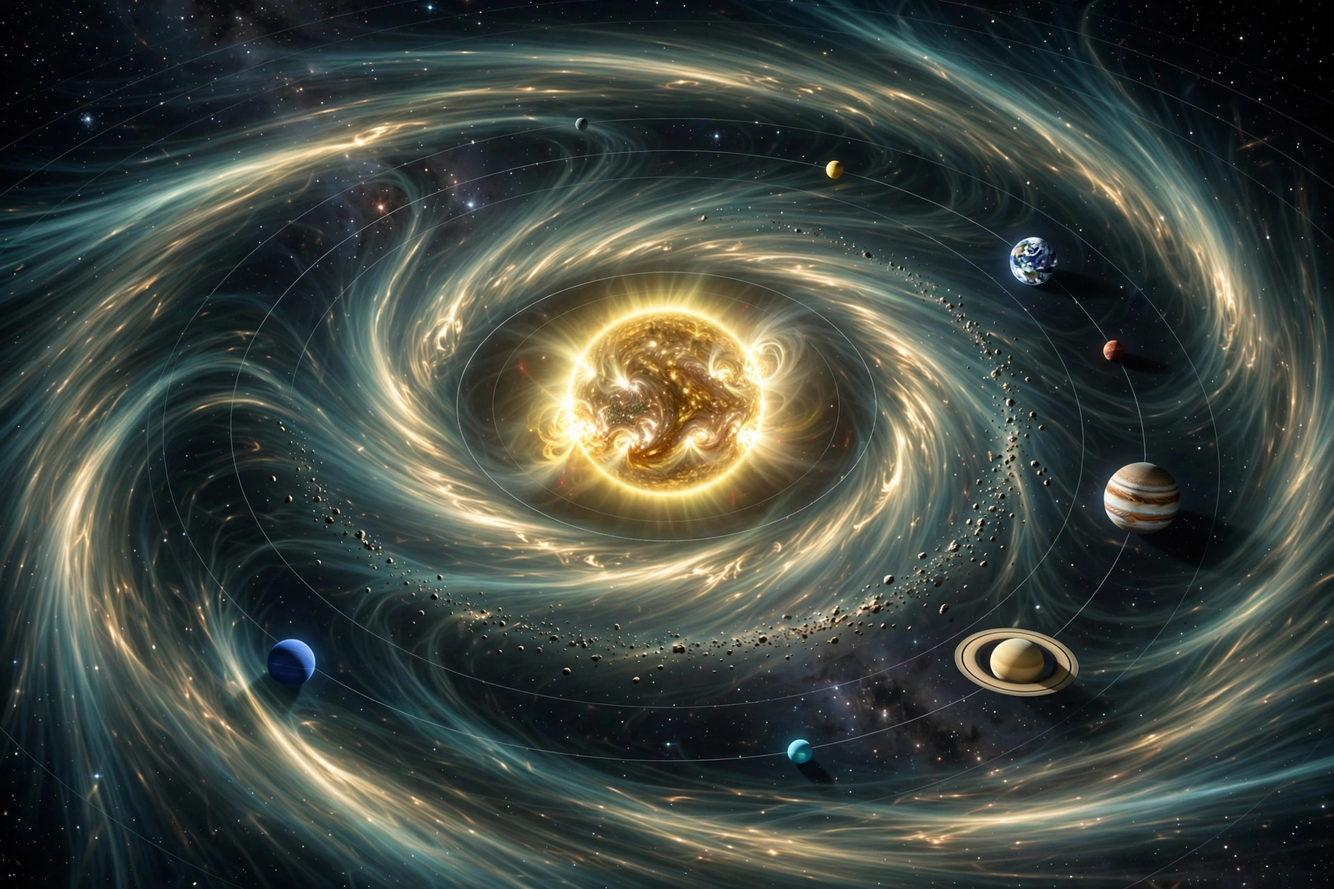 Vivid photorealistic view of the solar system from high above the ecliptic showing a luminous spiral pattern of solar wind streams radiating from the Sun past the orbits of planets, no people