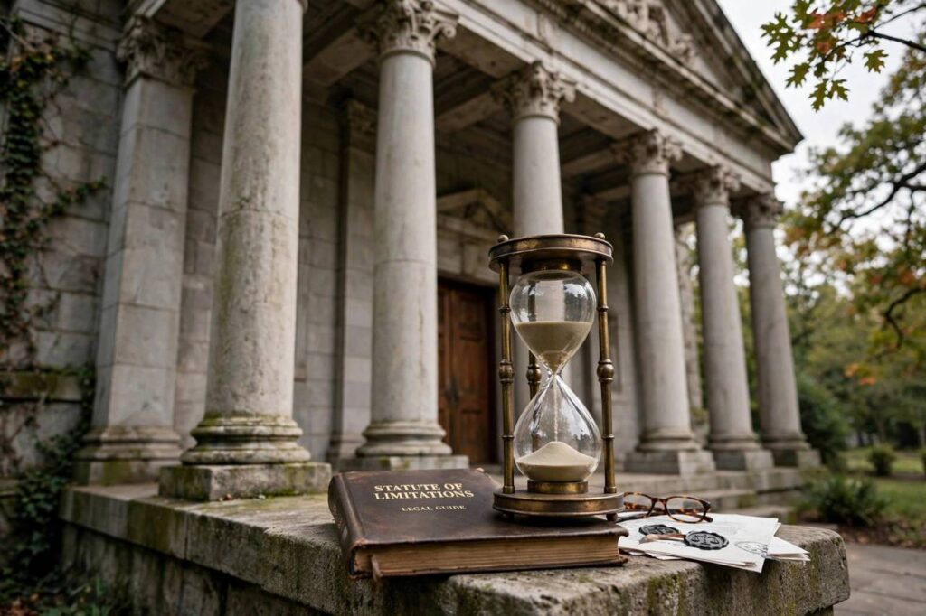 Courthouse columns with an hourglass symbolizing legal time limits, conceptual photo