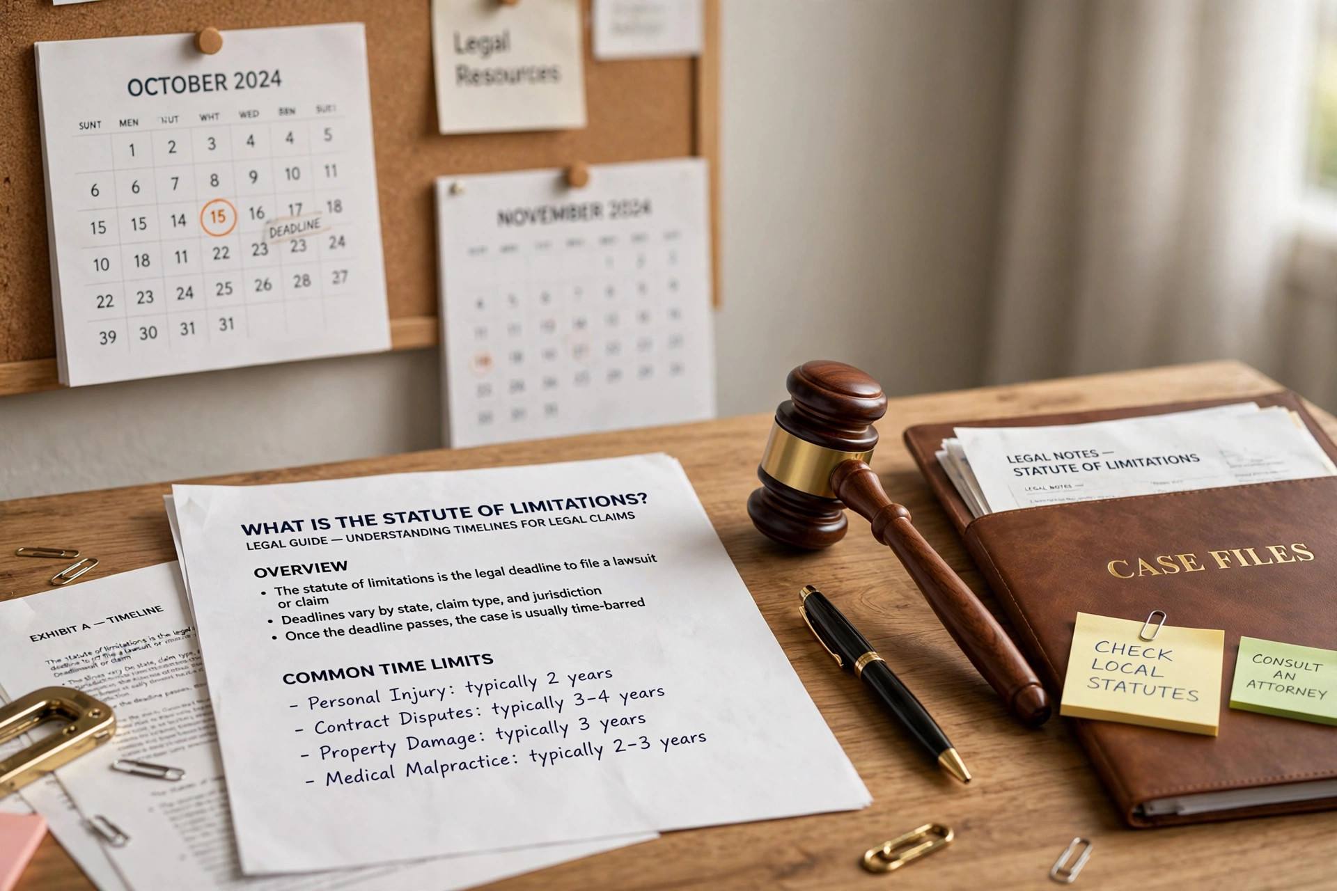 Legal documents and gavel on a desk with calendar pages in background