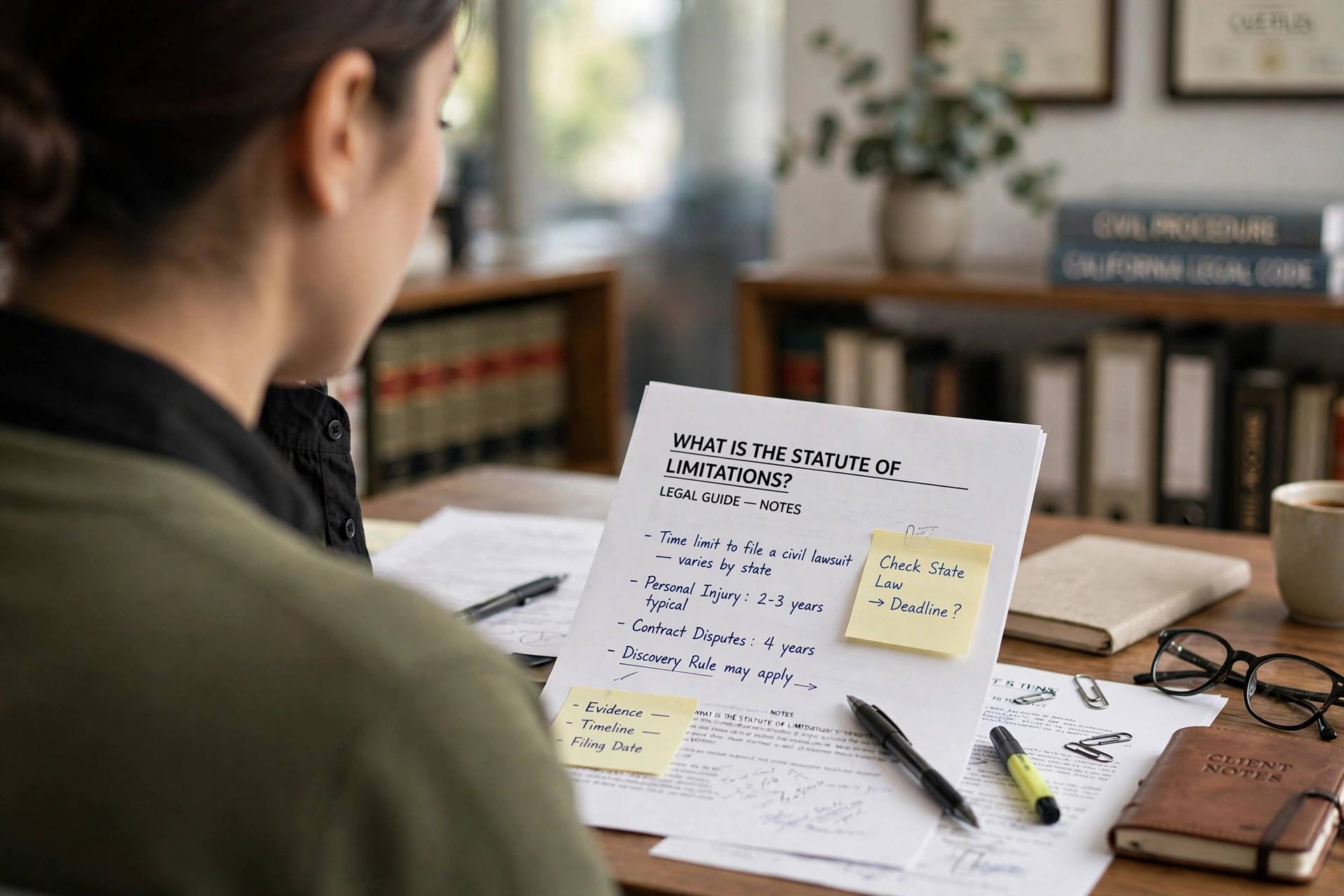 Person reviewing legal paperwork at a desk with a lawyer office background, blurred