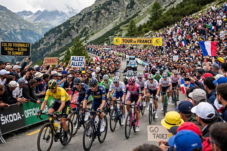 Tour de France peloton climbing a mountain pass before cheering crowds