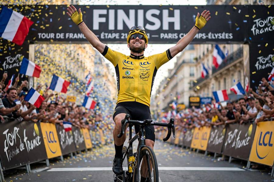 Tour de France winner in the yellow jersey celebrating