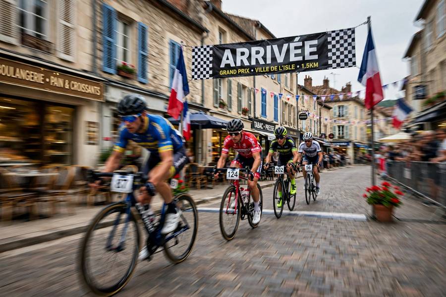 Sprint finish at a Tour de France stage in a French town