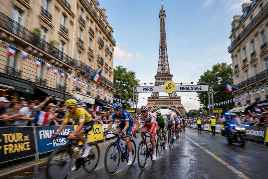 Tour de France final stage racing past the Eiffel Tower in Paris