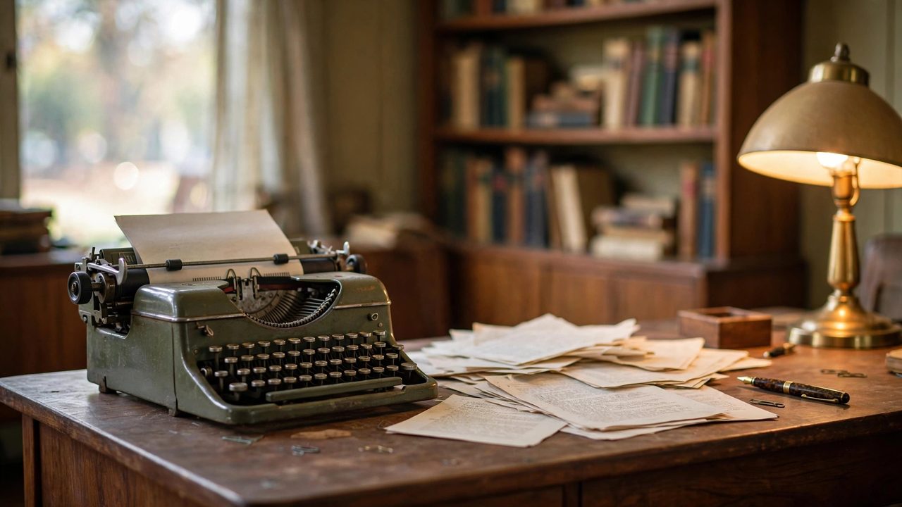 Vintage 1950s study with a typewriter and papers evoking Alan Turing's era