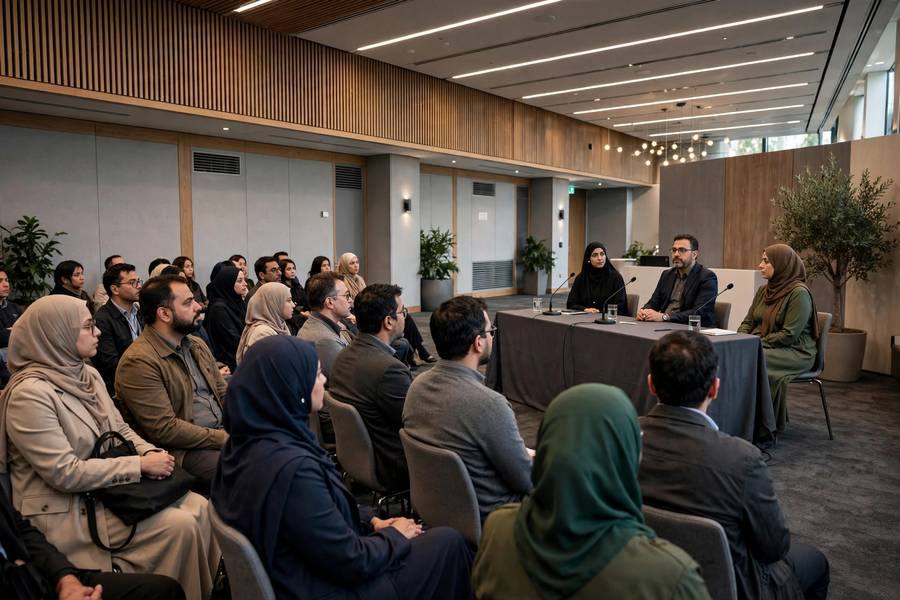 A modern conference hall with an audience seated for a panel discussion