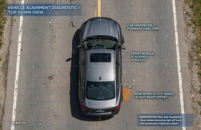 Top-down view illustrating thrust angle in wheel alignment