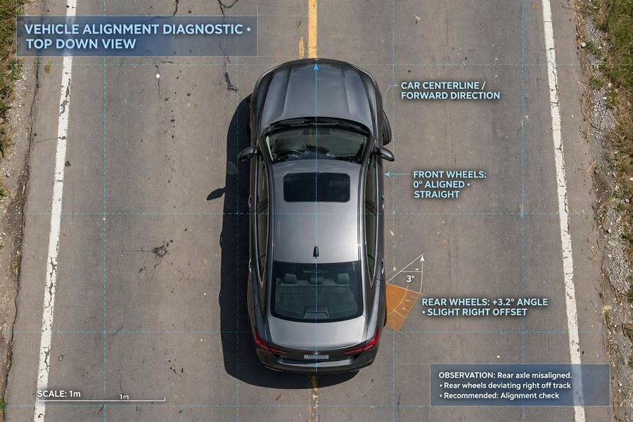 Top-down view illustrating thrust angle in wheel alignment