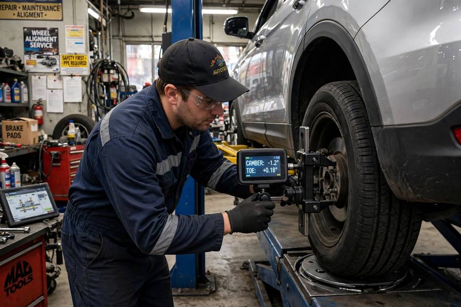Measuring rear toe angles that determine thrust angle in wheel alignment