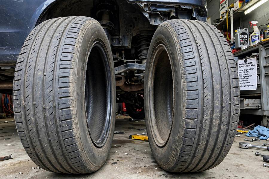 Rear tire wear caused by thrust angle misalignment