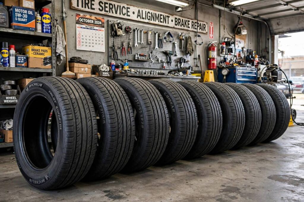Car tires lined up in an auto shop