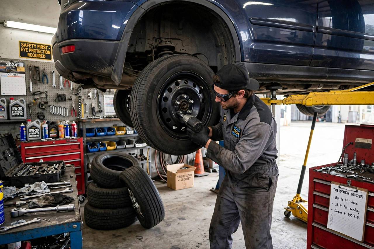 Mechanic rotating tires on a car lifted in a garage