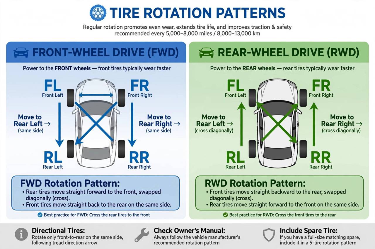 Diagram showing tire rotation patterns for front and rear wheel drive