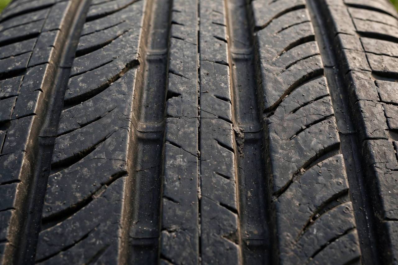 Close-up of car tire tread showing even wear
